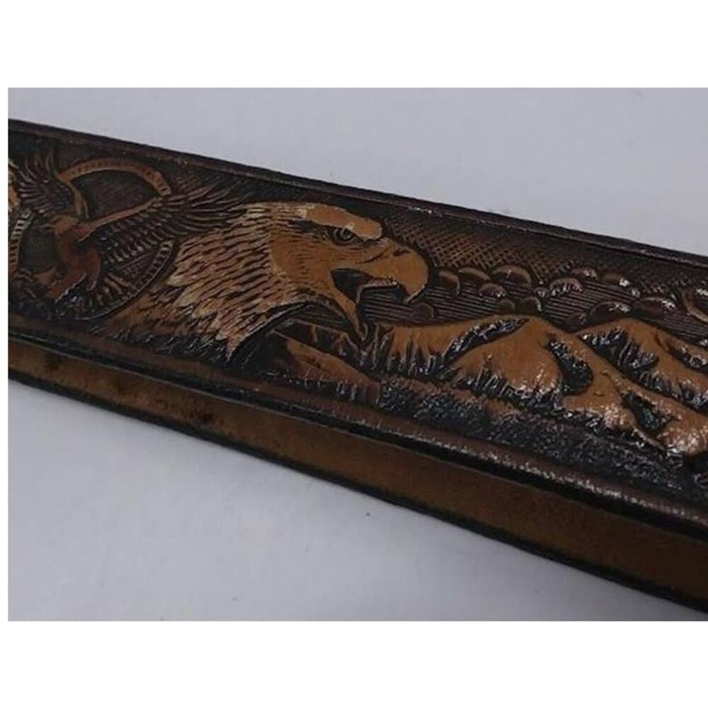 Vintage Western Leather Eagle Tooled Men Belt Nickel Buckle